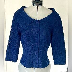 Vintage Bonwit Teller woven 50s/60’s jacket, ribbons of lace, navy blue, SzXS